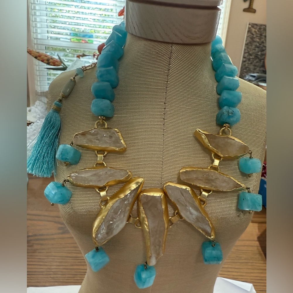 CARIBBEAN Blue Calcite & Quartz Statement Necklace w/ Tassel